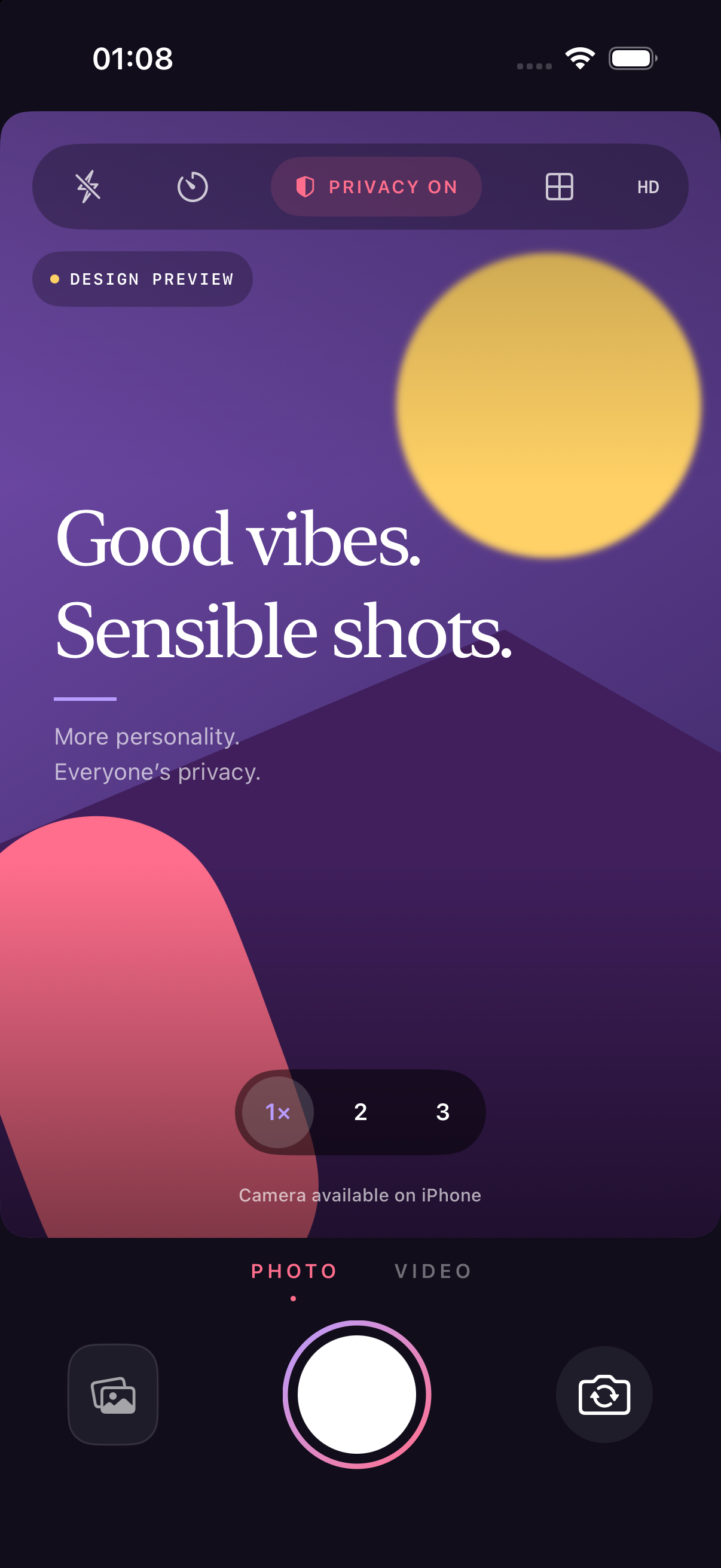 Sensible Camera’s actual simulator interface showing photo mode, zoom, privacy controls and shutter